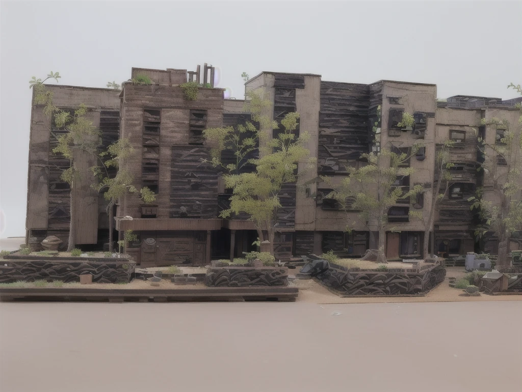 there are four miniature model buildings made of wood and plants, section model, architectural model, detailed clay model, center model buildings, miniature model, with vegetation, diorama model, detailed model, highly detailed model, 3d printed building, clay model, backside of scenography elements, perspective view, concept model, building cover with plant, buildings covered with greebles