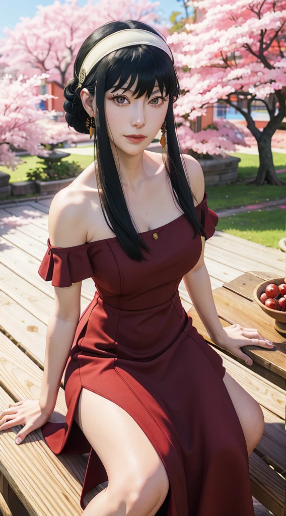 yor, Mature female,  bangs, side locks, Red eyes, Black hair, hair adornments，sportrait, (face:1.2), schoolgirls, ssmile,bare shoulders​, Black hair, cherry blossom, cleavage, (gown:1.21), clavicle, Willow Branch, (masterpiece best quality :1.2),