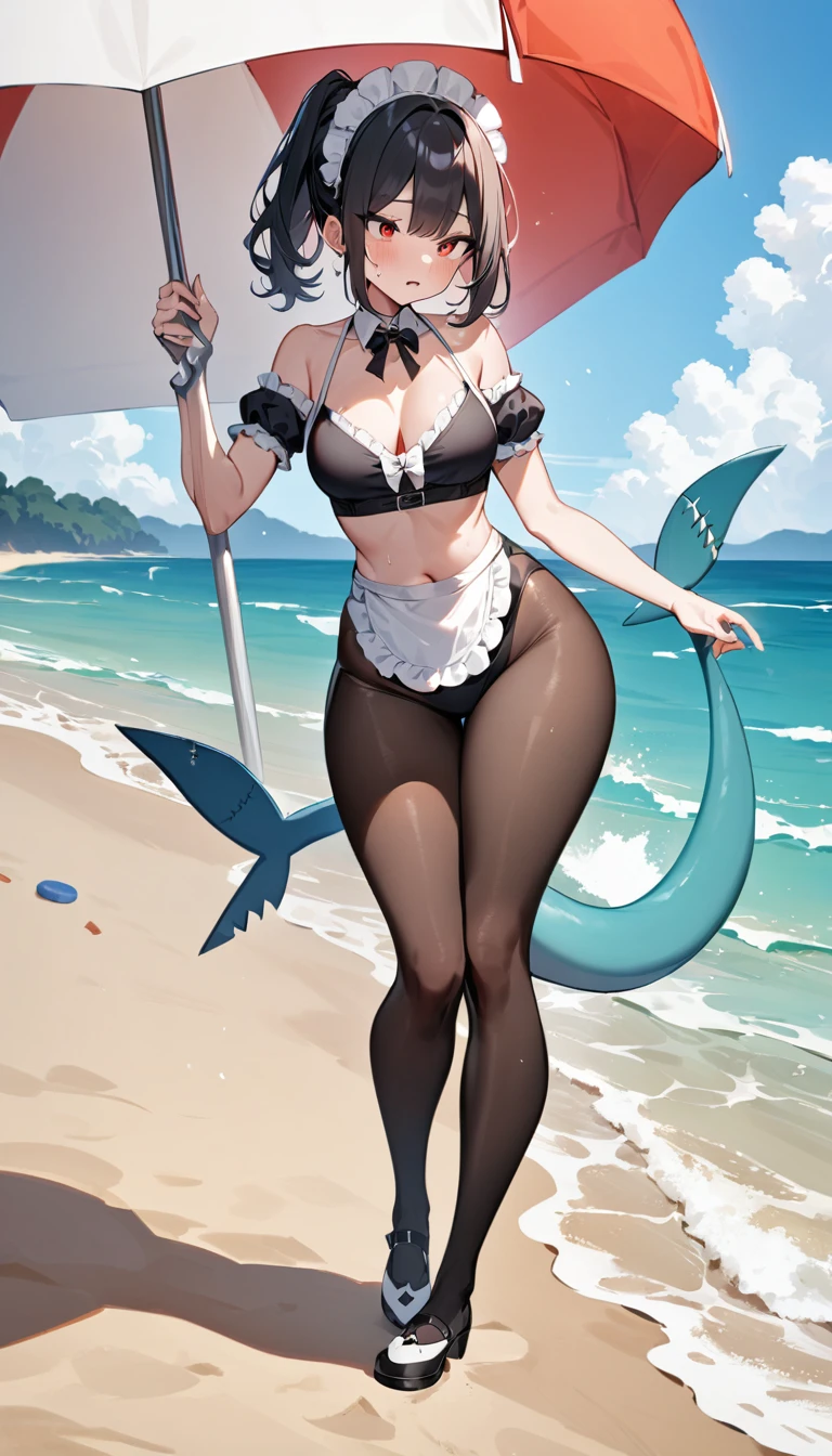 A girl，Beach，shell，Holding a fan in his hand，sweating a lot，Full body view，（masterpiece：1.2），Best quality，Very detailed, Red eyes，Black short hair，Maid swimsuit，Black pantyhose，Shark Tail，Body curves，The chest naturally sags