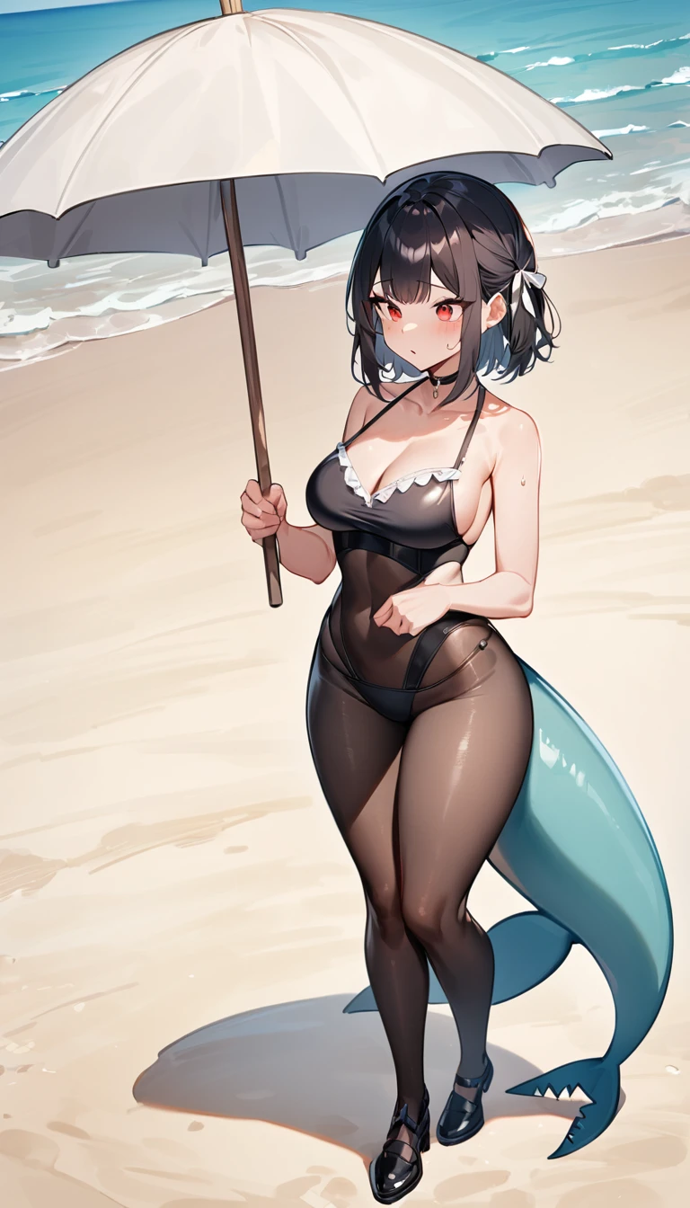 A girl standing on the beach，Holding a parasol，sweating a lot，Full body view，（masterpiece：1.2），Best quality，Very detailed, Red eyes，Black short hair，Maid swimsuit，Black pantyhose，Shark Tail，Body curves，The chest naturally sags