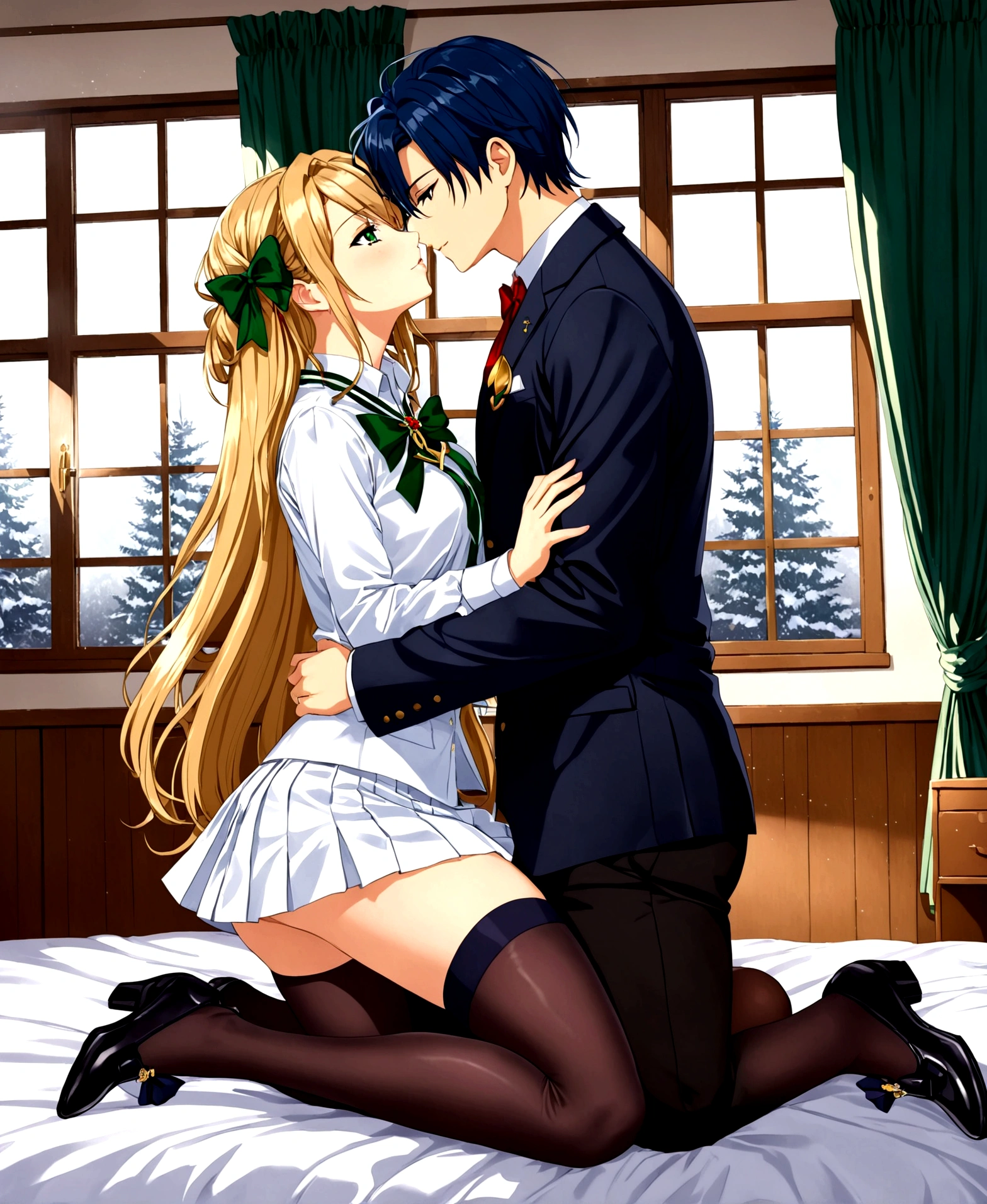 A high school student, 17 years old, /(school uniform: European-style highschool uniform, private institution, demure, long skirt, blouse, stockings, gloves, bow in hair, patent leather shoes, necklace, brooch in hair , gold jewelry,), in a room, on the bed, near the window, in winter, fogged glass, the young woman riding on the man's hip kissing passionately while moving her pelvis, 21 years old, /(formal suit, rings on fingers,), on top of the man riding him, frontal focus,