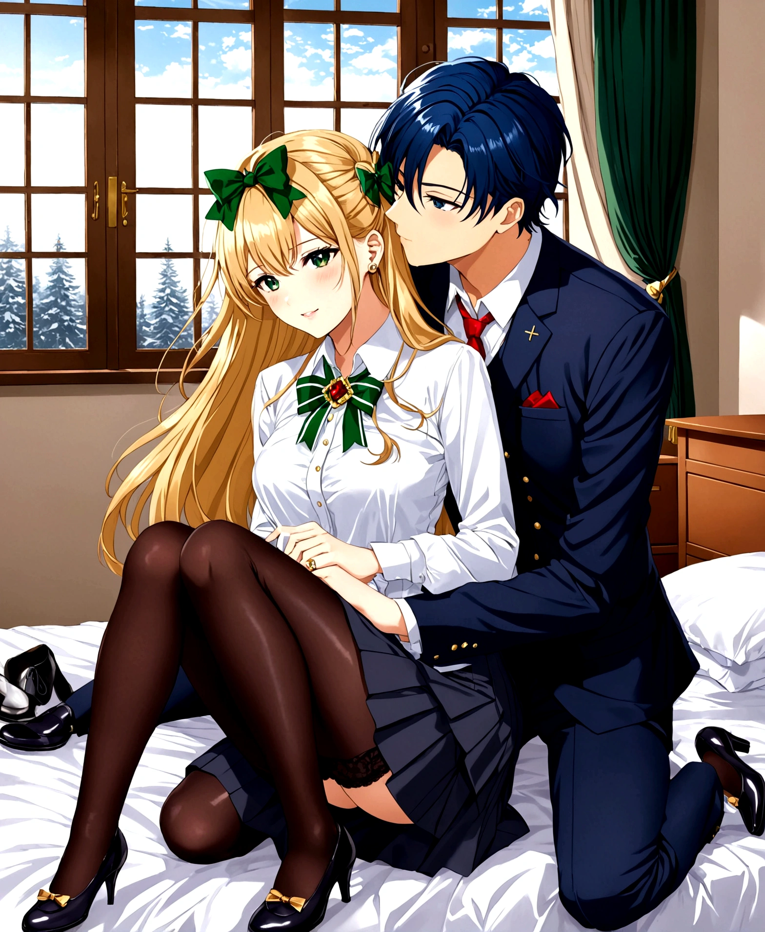 A high school student, 17 years old, /(school uniform: European-style highschool uniform, private institution, demure, long skirt, blouse, stockings, gloves, bow in hair, patent leather shoes, necklace, brooch in hair , gold jewelry,), in a room, on the bed, near the window, in winter, fogged glass, the young woman riding on the man's hip kissing passionately while moving her pelvis, 21 years old, /(formal suit, rings on fingers,), on top of the man riding him, frontal focus, 