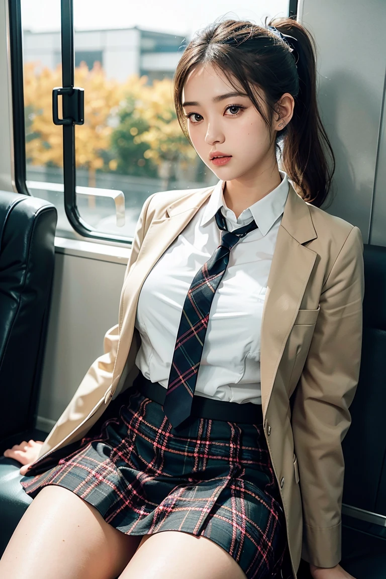 (8K), (Highest quality: 1.2), (Realistic), (Realistic: 1.37), Ultra-high resolution, 1 Girl, cute, Serious face, Mouth closed, Beautiful details, Beautiful Nose, Beautiful Hair, ponytail,Two giant cells, pork, Thighs,Self Snap,university student ,Sitting on a train in Tokyo,A simple blazer,Pleated skirt,(The skirt and tie are tartan checked.....:1.3),Cross One'foot, From above,(Thighsにクローズアップ),(光沢のあるThighs),(Opaque blue knee-high socks:1.2)