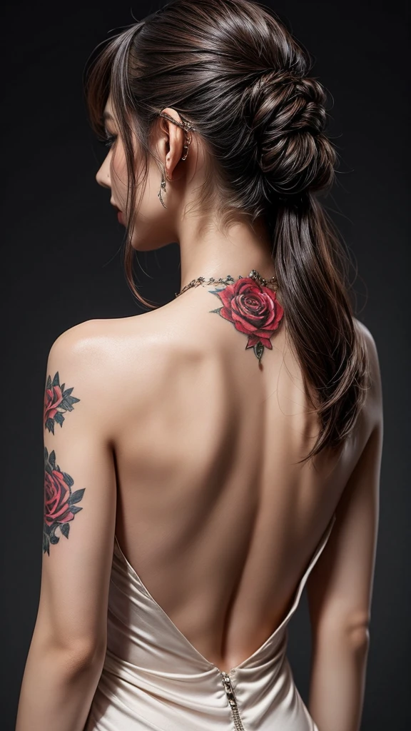 Woman's back view in a halter neck dress has a single rose tattooed on her back