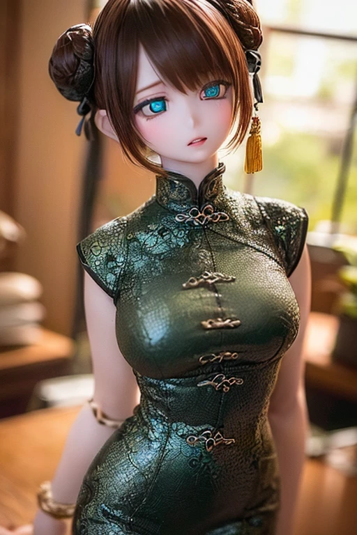 (SFW:2), photorealistic, realistic photo, 8k, ((highest quality)), ((masterpiece)), (extremely detailed), kukolnydom, doll, (mature woman:1.6), solo, ((cowboy shot, parted lips, green eyes, brown hair)), double buns, (plastic skin, looking at another, glass eyes, shining eyes, detailed eyes, detailed face:1.3), china dress, qipao, chinese room