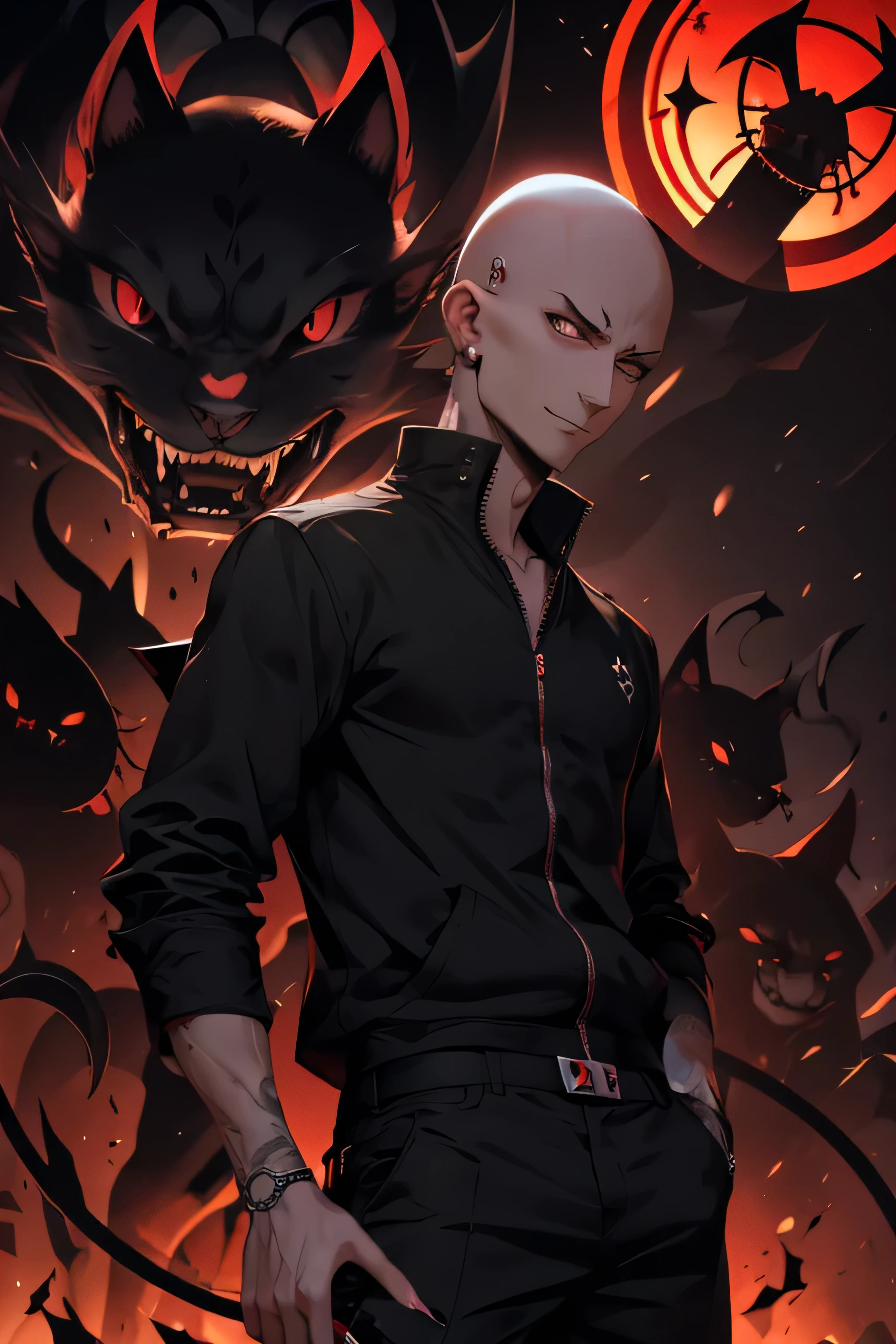 chico hairless, pokeball in hand, black nails, gates of hell background, a diabolical black cat behind