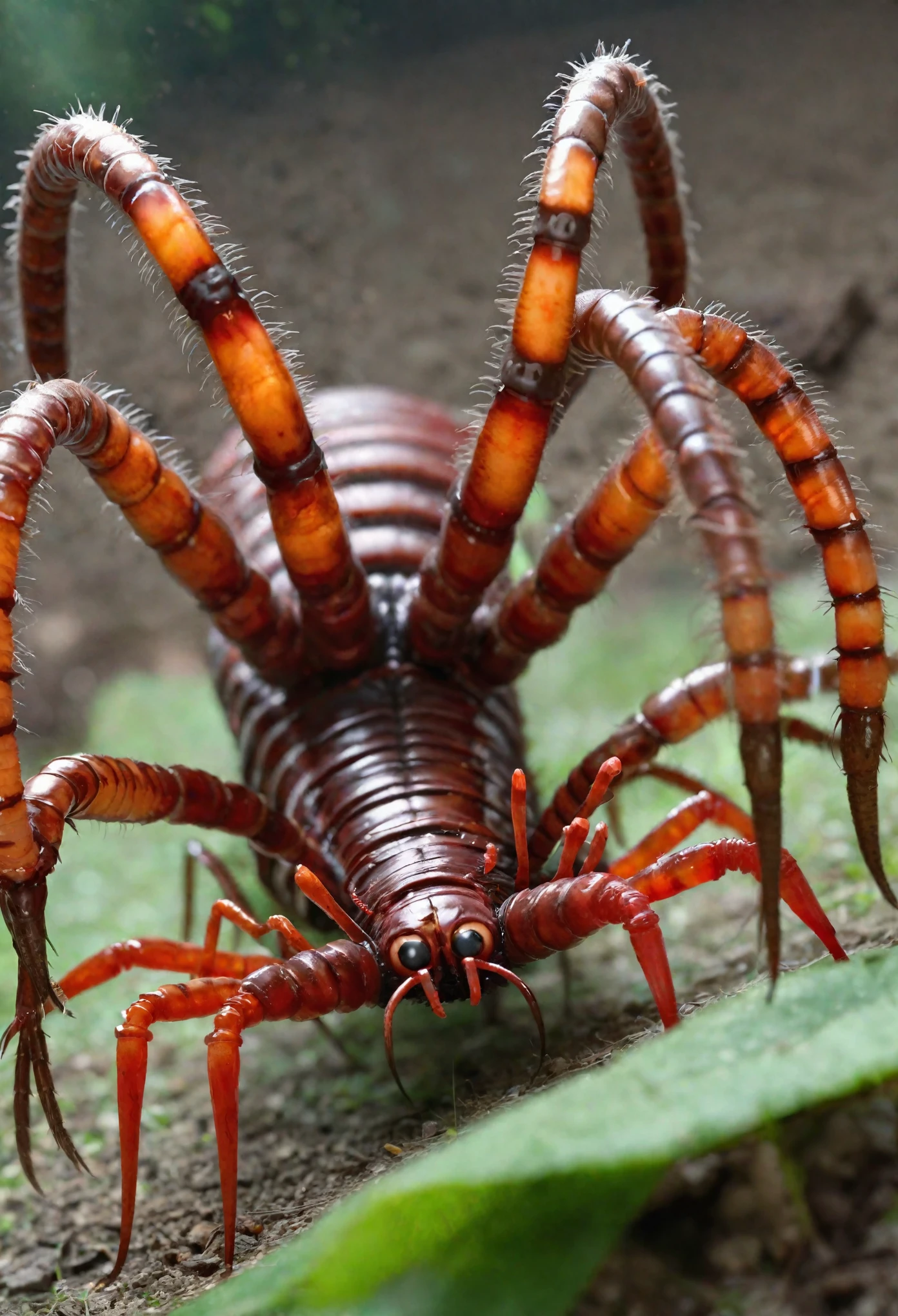 point-of-view, perspective, Giant horrific centipede with poisonous fangs attacks the camera,  Scolopendra, mosquito-tarantula cinematic, dramatic, sinister, monstruous,((( centered tiny humanoid figure confronting the monster in the middle by stretching the hang forward))), wide scene, centipede, dozens of legs on one long centipede body, one tail, giant insect, dripping poison,  (pair of symmetric blade-fangs, each located on side of the head behind the eyes:1.2), cinematic, reallifelike, evil, mantis head, hairy, titan , gigantic, glowing-eyes:1.4, (((bloody three-heads with maw on worm-neck))), thorns, pair of claws, (standing on two back-legs:1.2))