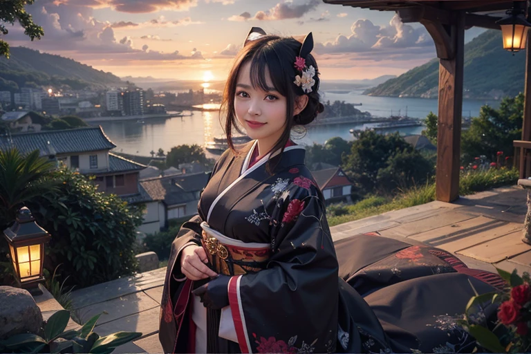 Cute Girl Smiling, wearing black kimono with red stripe, cute red japanese hairband
