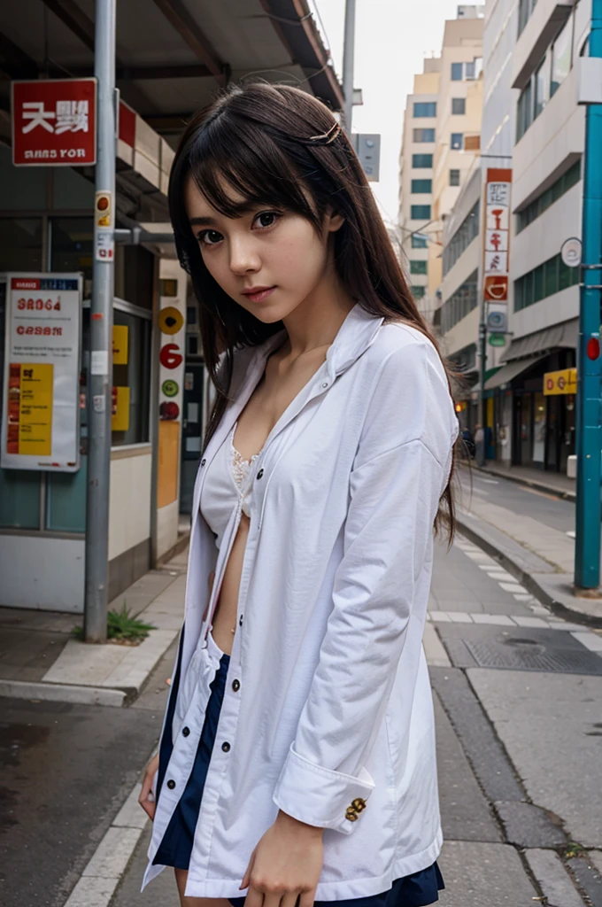 (8k, RAW photo, best quality, masterpiece, : 1.2), (realistic, photorealistic: 1.37), 17-year-old Japan girl with sad face of homeless, sad expression of despair, sitting and depressed, poor, dirty alley littered with garbage, trash cans, garbage dump, pouring rain, torn and dirty tattered dirty clothes, collarbone, no bra, torn micropants, wet clothes, dirty hair, dirty face, dirty skin, wet skin, muddy skin, muddy feet, only one foot barefoot, small breasts, unkempt hair, tan, close-up, from below, highest quality, ultra-high resolution, physically based rendering, cinematic lighting, complex and cinematic look, night, streetlamp light, dirty alley background, photorealism, cowboy shot, dynamic angle