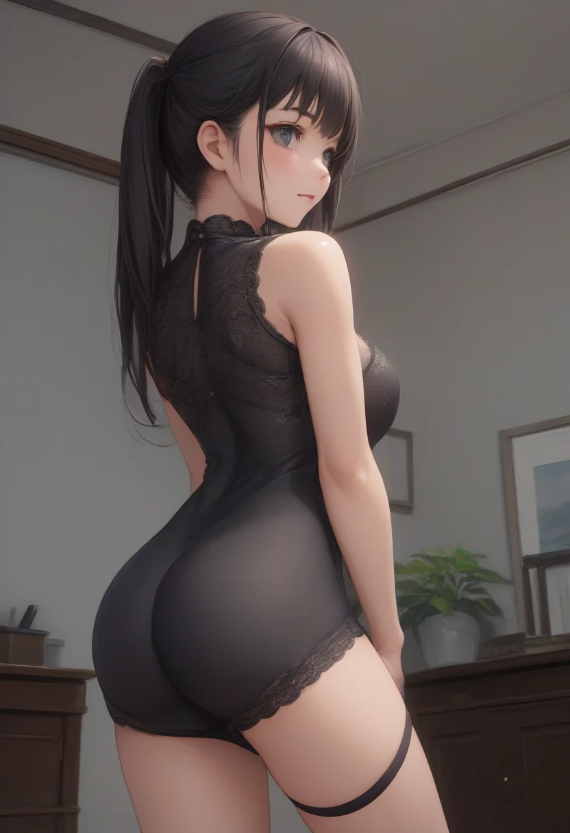 Highest quality, masterpiece, Ultra High resolution, One mature woman, One mature woman, (Highest quality, High resolution, 4K, Detailed lighting, Shaders, Perfect Anatomy, Perfect proportions), In the eye of the beholder, (masterpiece, Highest quality) (Highest quality, 4K, 8K, High resolution, masterpiece: 1.2), Very detailedな, (Genuine, Genuineistic, Genuineism: 1.37), (masterpiece: 1.3, Highest quality, Ultra High resolution, Super detailed), (Highest quality: 1.2), Perfect Eyes, Perfect Face, Perfect lighting, (Highest quality, 4K, 8K, High resolution, masterpiece: 1.2), Very detailedな, (Highest quality, 4K, 8K, High resolution, masterpiece: 1.5), Very detailedな, , masterpiece, Highest quality, Super detailed, Highest quality, High resolution, 32K CG, Very delicate and beautiful, figure, High resolution, Sharp focus, Front lighting, shine, One Girl, alone, smile, very beautiful and detailed anime face, ((masterpiece)), ((Highest quality)), (Super detailed), ((cute)), cute, ((Very detailed)), 4K, (8K), Highest quality, (masterpiece, Highest quality, ultra High resolution), Japanese women, (((A very beautiful 25 year old woman))), Staring at the photographer, ((Beautiful low ponytail)), very cute face, Glossy Lips, Double eyelids on both eyes, Natural smile, Natural Makeup, Long eyelashes, Shiny and smooth hair, Center image, Perfect limbs, Perfect Anatomy, (((Shiny little cheongsam))), (((exposed Juicy ass))), (((look back)), ((Juicy ass)),(((Small Ass))),((Thin thighs)),(((Black pantyhose))),from behind,dutch angle,from below,