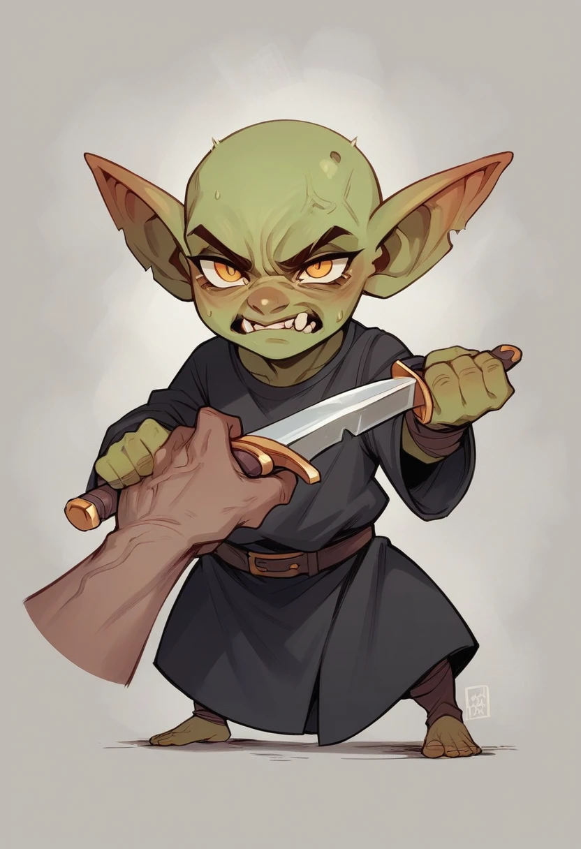 A bestiary illustration of a green goblin with golden eyes, wearing a black tunic, clutching a dagger, and having wrinkled skin and green fur. The goblin has a malevolent expression.