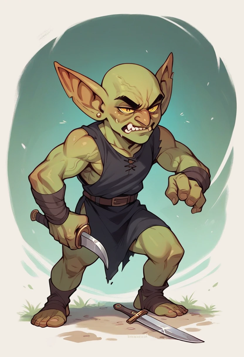 A bestiary illustration of a green goblin with golden eyes, wearing a black tunic, clutching a dagger, and having wrinkled skin and green fur. The goblin has a malevolent expression.