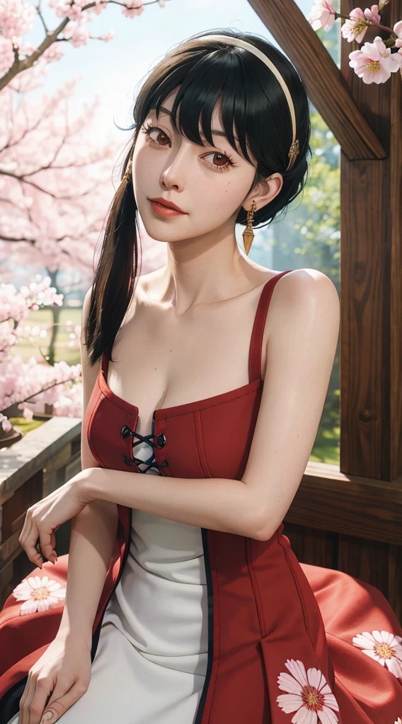 yor, Mature female,  bangs, side locks, Red eyes, Black hair, hair adornments，sportrait, (face:1.2), schoolgirls, ssmile,bare shoulders​, Black hair, cherry blossom, cleavage, (gown:1.21), clavicle, Willow Branch, (masterpiece best quality :1.2),