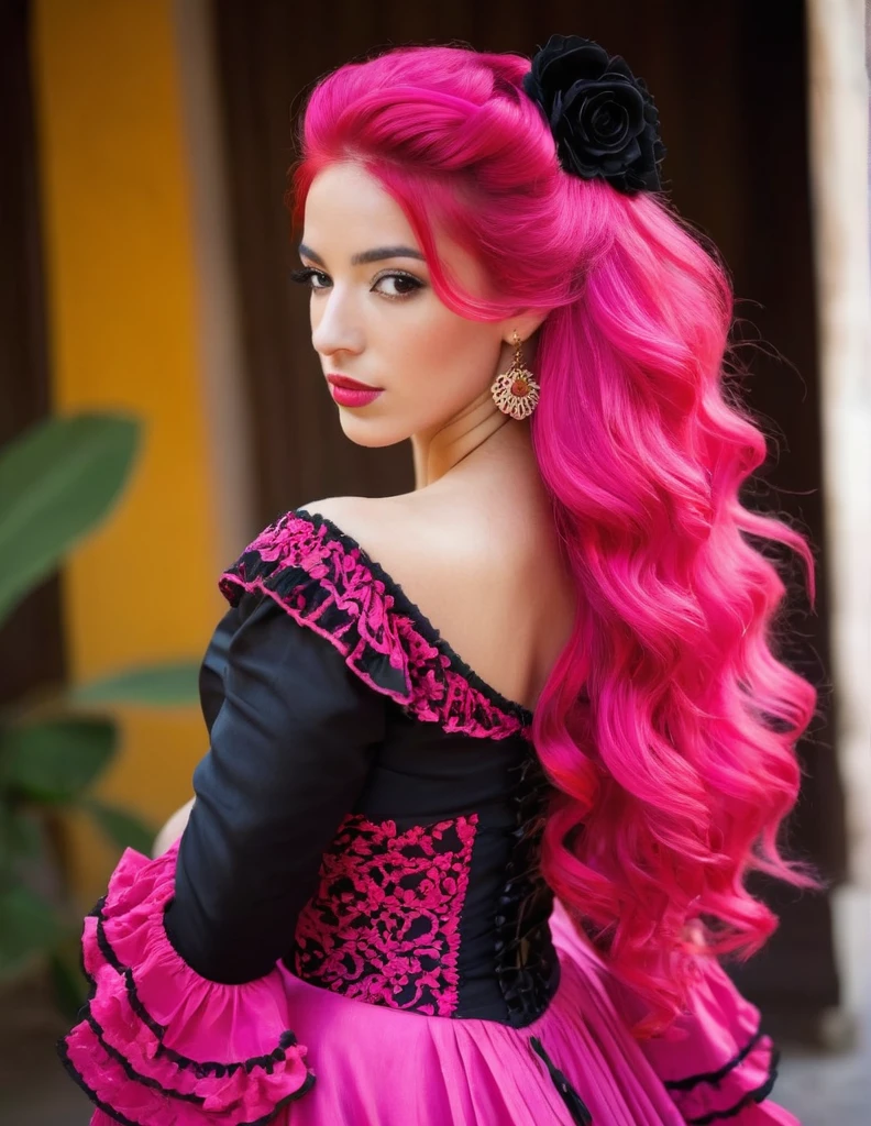 very attractive 25 year old girl with long bright pink hair, wearing a traditional flamenco dress,