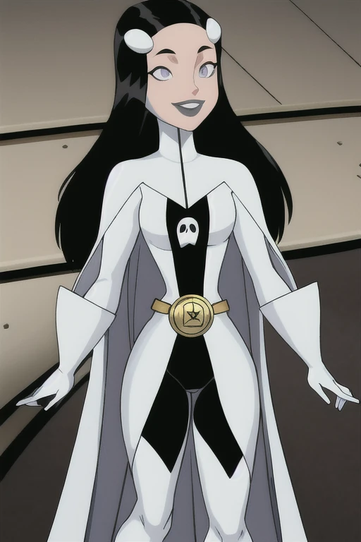 Phantom girl, Tinya Wazzo, solo, girl1, long black hair, white bodysuit, grey eyes, grey lips, belt, long white cape, gloves, smile,sexy pose, best quality, masterpiece