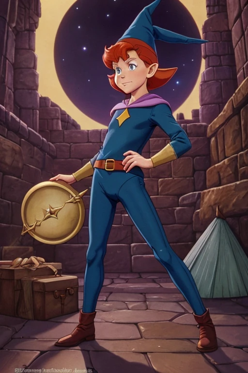 a redhead cartoon character dressed in a leotard, young half elf wizard, a young male wizard, half-elf time wizard, granny weatherwax, 1980s cartoon, animated episode still, norman rockwel, witch academia, portrait of a young elf wizard, tiny evil alchemist gnome, velma, (((mad))) elf princess, gadget hackwrench