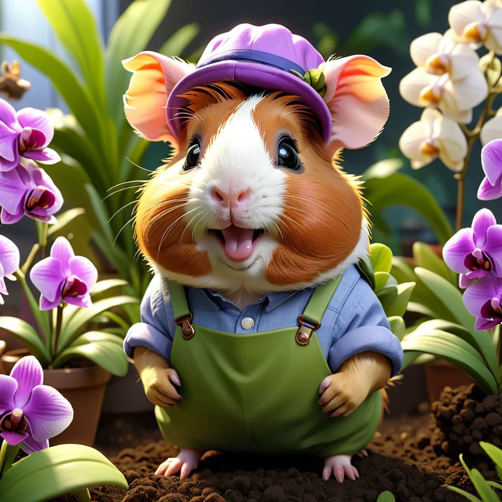 Pixar-style guinea pigs, Very cute, Dressed as a gardener, orchid, Smile, High Detail, Reality, 8K