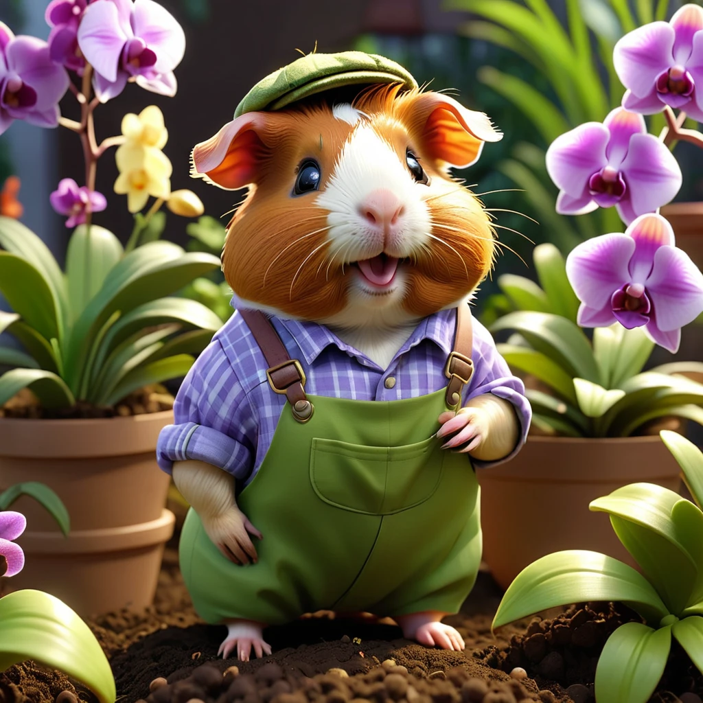 Pixar-style guinea pigs, Very cute, Dressed as a gardener, orchid, Smile, High Detail, Reality, 8K