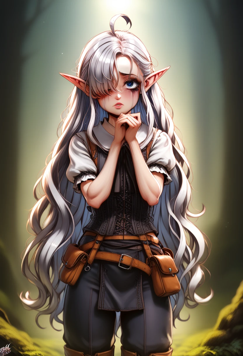 it looks even more beautiful than immortal, Ahoge, colored contact lenses, blush, high detail, anime, romanticism, modern, gothic art, anime style, film lighting, ray tracing, motion rye, close-up, sony fe gm, uhd, high detail, top quality, 8k, clean fingers, well-formed fingers, mdnn, (sharp focus:1.2), portrait, attractive young woman, (beautiful face:1.1), detailed eyes, luscious lips, (eye makeup:1.2), (tight body:1.2). (morning sun lighting:1.2), depth of field, bokeh, 4K, HDR. by (James C. Christensen:1.2|Jeremy Lipking:1.1) a small gnome girl with pale skin, very long wavy silver hair covering one eye, bright blue anime-style eyes with long lashes, wearing a corset, white puffy long sleeved shirt, and puffy cloth pants, leather bound boots, set in a windy fantasy landscape, (best quality, 4k, 8k, highres, masterpiece :1.2),ultra-detailed,dungeons and dragons, long elf ears, detailed skin and cloth textures, cute detailed face, intricate details, extremely detailed, 1girl, dynamic pose with hair covering one eye, shy personality, puffy cloth pants with leather belt, detailed privateer outfit, detailed buccaneer outfit, pouch on belt, wearing ornate leather armor with fur trim, silver inlay detail, wearing fur trimmed boots, wearing fur trimmed gloves, short, short height, halfing girl, small girl, very long detailed flowing hair, big head, big round eyes, windy, wind blown hair, wirey muscles, fighter, dynamic angle, kineticist, pathfinder, pathfinder kineticist, wind kineticist, pouty lips