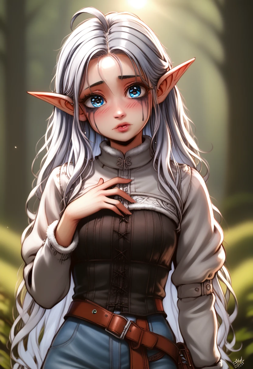 it looks even more beautiful than immortal, Ahoge, colored contact lenses, blush, high detail, anime, romanticism, modern, gothic art, anime style, film lighting, ray tracing, motion rye, close-up, sony fe gm, uhd, high detail, top quality, 8k, clean fingers, well-formed fingers, mdnn, (sharp focus:1.2), portrait, attractive young woman, (beautiful face:1.1), detailed eyes, luscious lips, (eye makeup:1.2), (tight body:1.2). (morning sun lighting:1.2), depth of field, bokeh, 4K, HDR. by (James C. Christensen:1.2|Jeremy Lipking:1.1) a small gnome girl with pale skin, very long wavy silver hair covering one eye, bright blue anime-style eyes with long lashes, wearing a corset, white puffy long sleeved shirt, and puffy cloth pants, leather bound boots, set in a windy fantasy landscape, (best quality, 4k, 8k, highres, masterpiece :1.2),ultra-detailed,dungeons and dragons, long elf ears, detailed skin and cloth textures, cute detailed face, intricate details, extremely detailed, 1girl, dynamic pose with hair covering one eye, shy personality, puffy cloth pants with leather belt, detailed privateer outfit, detailed buccaneer outfit, pouch on belt, wearing ornate leather armor with fur trim, silver inlay detail, wearing fur trimmed boots, wearing fur trimmed gloves, short, short height, halfing girl, small girl, very long detailed flowing hair, big head, big round eyes, windy, wind blown hair, wirey muscles, fighter, dynamic angle, kineticist, pathfinder, pathfinder kineticist, wind kineticist, pouty lips