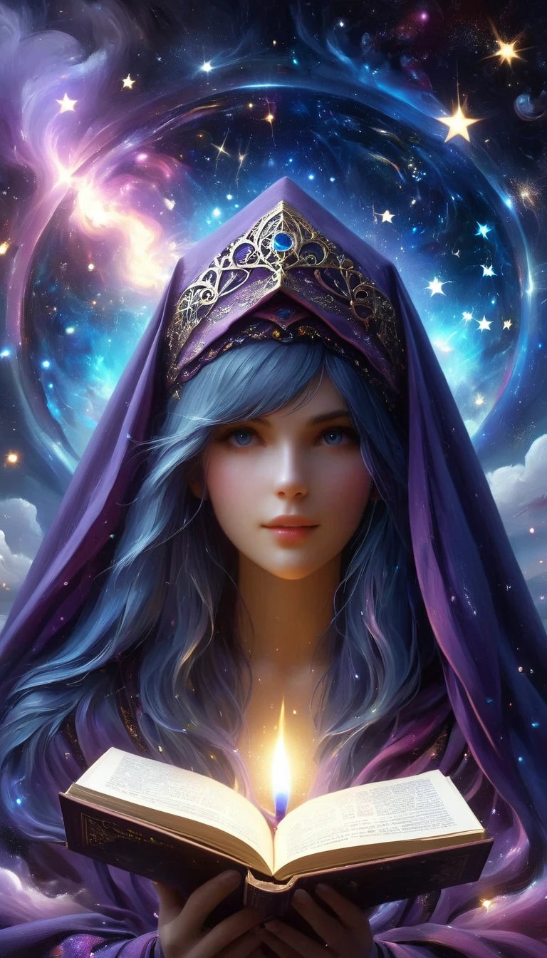 a mysterious fortune teller in a dark room, silver and deep blue tones, purple and black style, occult, occultism, dark cloak, western medieval, starry sky, astrology, magical items, tarot, shadow, symbols, divination, computation, silhouette, soul, exotic, arcane, nebula, stars, book/open book/spell book, candles, crystal ball, magic, flame smoke, mars, ashes, best quality,4k,8k,highres,masterpiece:1.2,ultra-detailed,realistic,photorealistic,photo-realistic:1.37,HDR,UHD,studio lighting,ultra-fine painting,sharp focus,physically-based rendering,extreme detail description,professional,vivid colors,bokeh