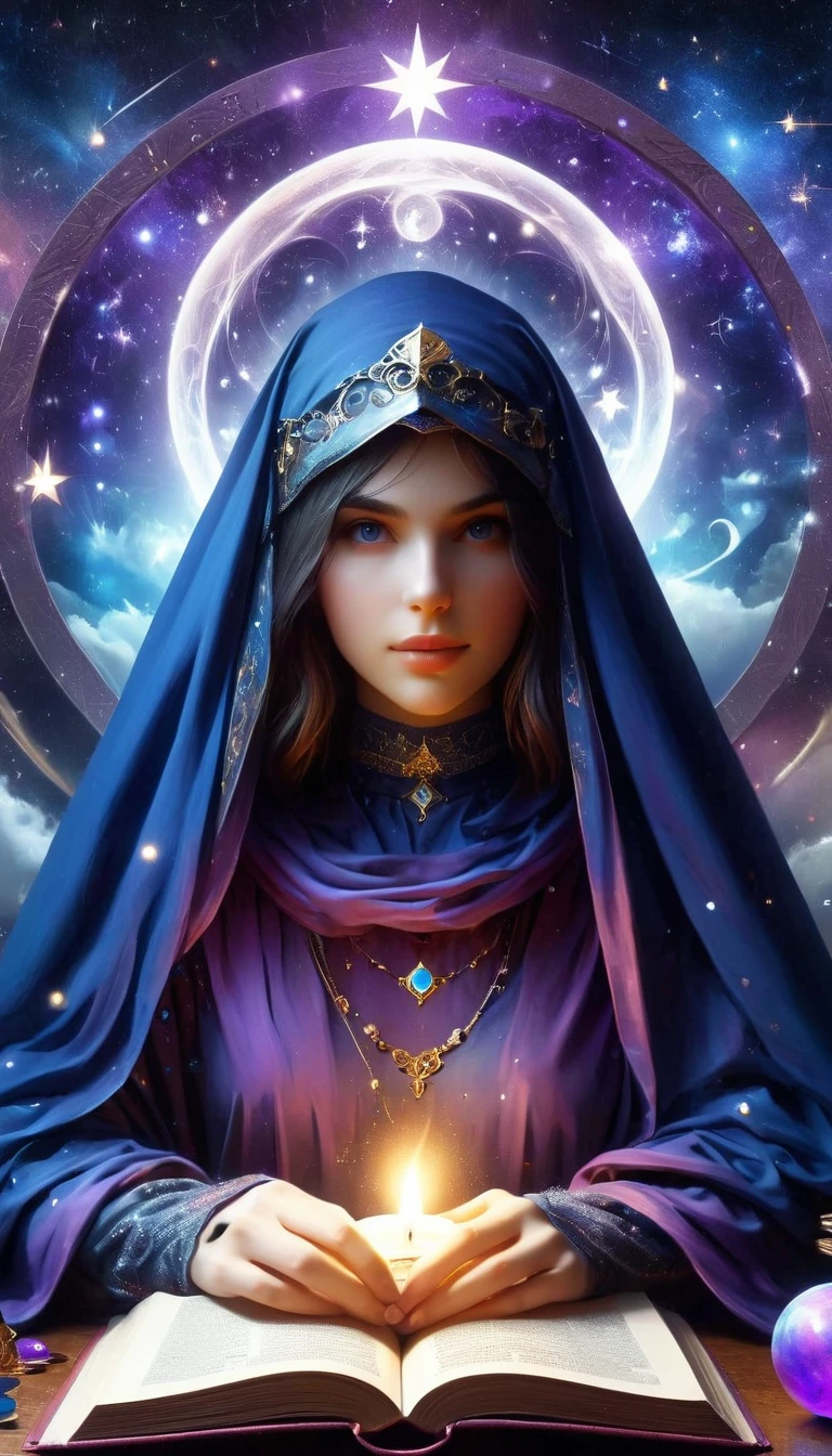 a mysterious fortune teller in a dark room, silver and deep blue tones, purple and black style, occult, occultism, dark cloak, western medieval, starry sky, astrology, magical items, tarot, shadow, symbols, divination, computation, silhouette, soul, exotic, arcane, nebula, stars, book/open book/spell book, candles, crystal ball, magic, flame smoke, mars, ashes, best quality,4k,8k,highres,masterpiece:1.2,ultra-detailed,realistic,photorealistic,photo-realistic:1.37,HDR,UHD,studio lighting,ultra-fine painting,sharp focus,physically-based rendering,extreme detail description,professional,vivid colors,bokeh