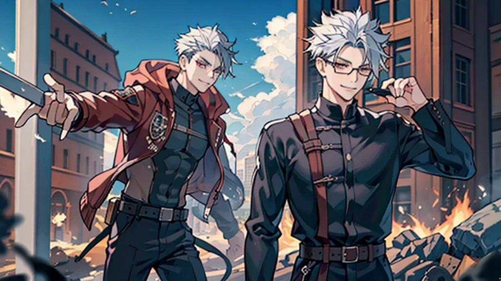 Perfect anatomy and highly detailed face, Delicate depiction of the eyes, Accurate drawing, Beautiful Hair, Detailed Background, Edgy, Depiction of one human male in combat. Subjects must be men in their late 20s only., Red hoodie and black pants, Warm, loose-fitting clothing, , A casual fashion style where you wrap your jacket around your waist, Tanned or deep brown skin, Her distinctive white or silver hair is tied in a short ponytail., He wears his distinctive trademark thick black-rimmed glasses., Mafia with a cynical smile, A Villain with a Very Deep Wound, A sarcastic man with a malicious smile, A young man with narrowed eyes smiling, I have inner loneliness, Deep down, I feel like life is hard, Jealousy and envy towards successful people, The insight and resignation that come from hard work and failure, Perverse Desperation, The scene of a large-scale indiscriminate terrorist attack, Burning and collapsing building,