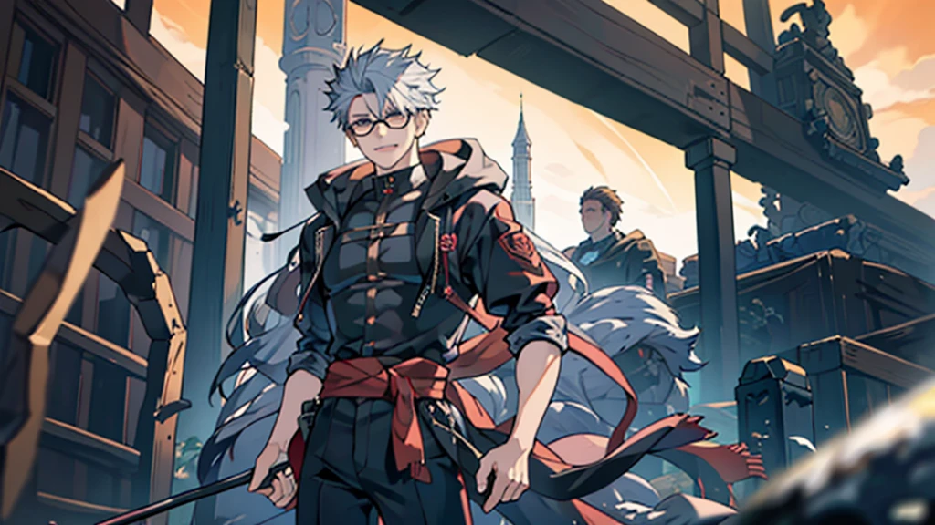 Perfect anatomy and highly detailed face, Delicate depiction of the eyes, Accurate drawing, Beautiful Hair, Detailed Background, Edgy, Depiction of one human male in combat. Subjects must be men in their late 20s only., Red hoodie and black pants, Warm, loose-fitting clothing, , A casual fashion style where you wrap your jacket around your waist, Tanned or deep brown skin, Her distinctive white or silver hair is tied in a short ponytail., He wears his distinctive trademark thick black-rimmed glasses., Mafia with a cynical smile, A Villain with a Very Deep Wound, A sarcastic man with a malicious smile, A young man with narrowed eyes smiling, I have inner loneliness, Deep down, I feel like life is hard, Jealousy and envy towards successful people, The insight and resignation that come from hard work and failure, Perverse Desperation, The scene of a large-scale indiscriminate terrorist attack, Burning and collapsing building,