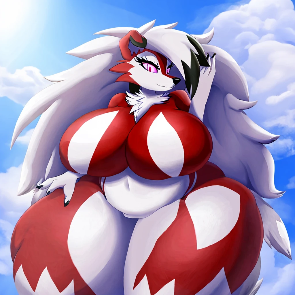 Lycanroc, female,, long hair, hyper breasts, hyper hips, hyper thighs, plump, voluptuous, gorgeous, voluptuous, beautiful, eyelashes, smooth glistening body, fluffy tail, fluffy hair 