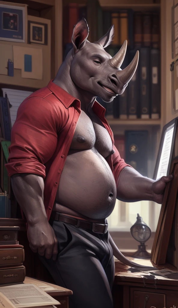 ((solo)), male, Anthro (rhinoceros), (open red shirt, black pants), (overweight, belly), by personalami, by pixelsketcher, by taran fiddler, by honovy, ((cramped messy office, detailed background)), nipples, smile, ((leaning against desk)), musclegut, horn