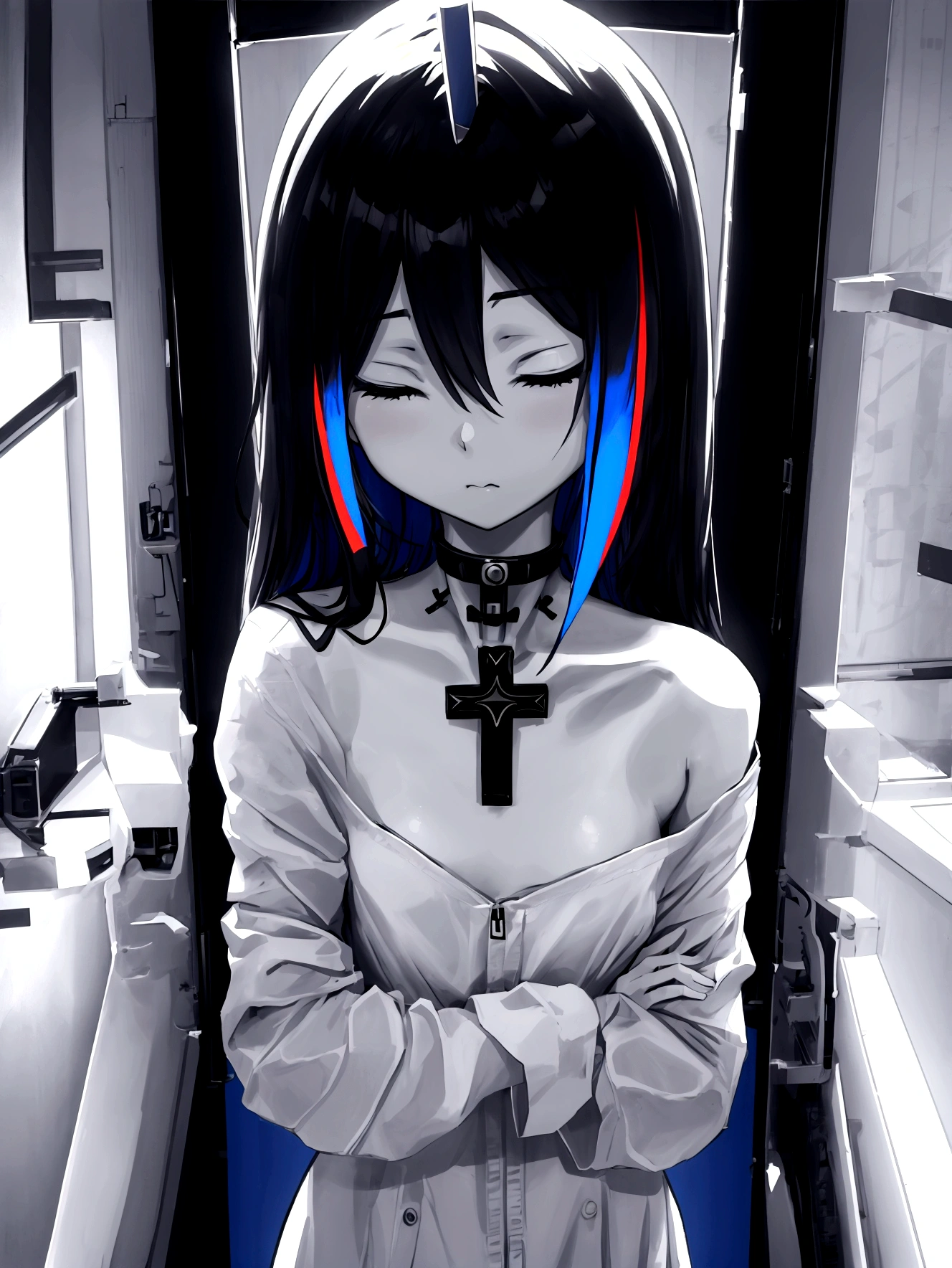 young woman、、low length、、Very small 、naked、Close ~ eyes、Encased in a capsule、Cross your arms in front of your chest、Experimental facilities