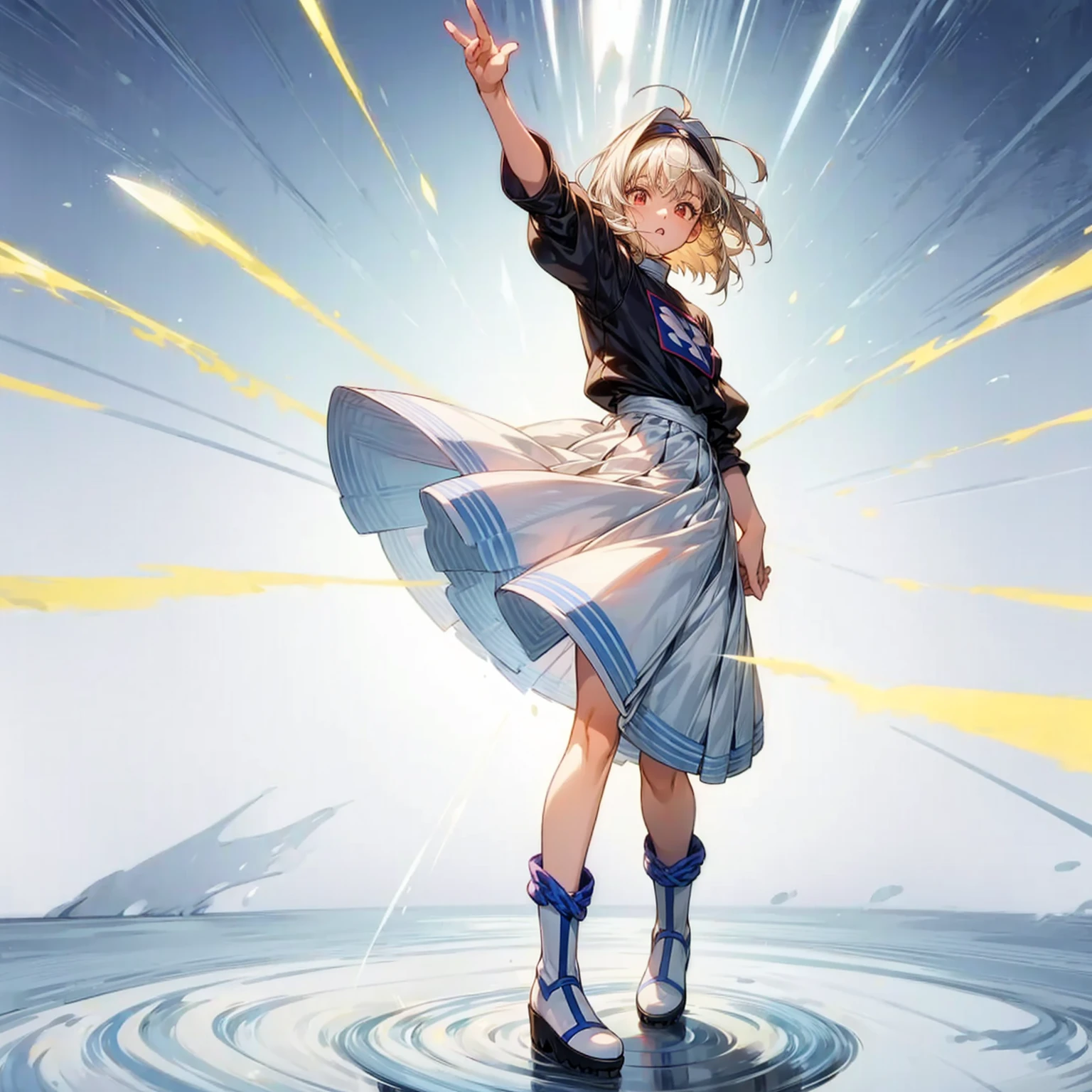 1childern girl, Full body version, 1character, just children version, light red eyes color, short hairstyle, white colour hair, saber style clothing, Long skirt, long socks, long boots, knife in hand, full background, Grassroots background in village, motion blur, shadow, standing gesture, (captain Tsubasa style art)