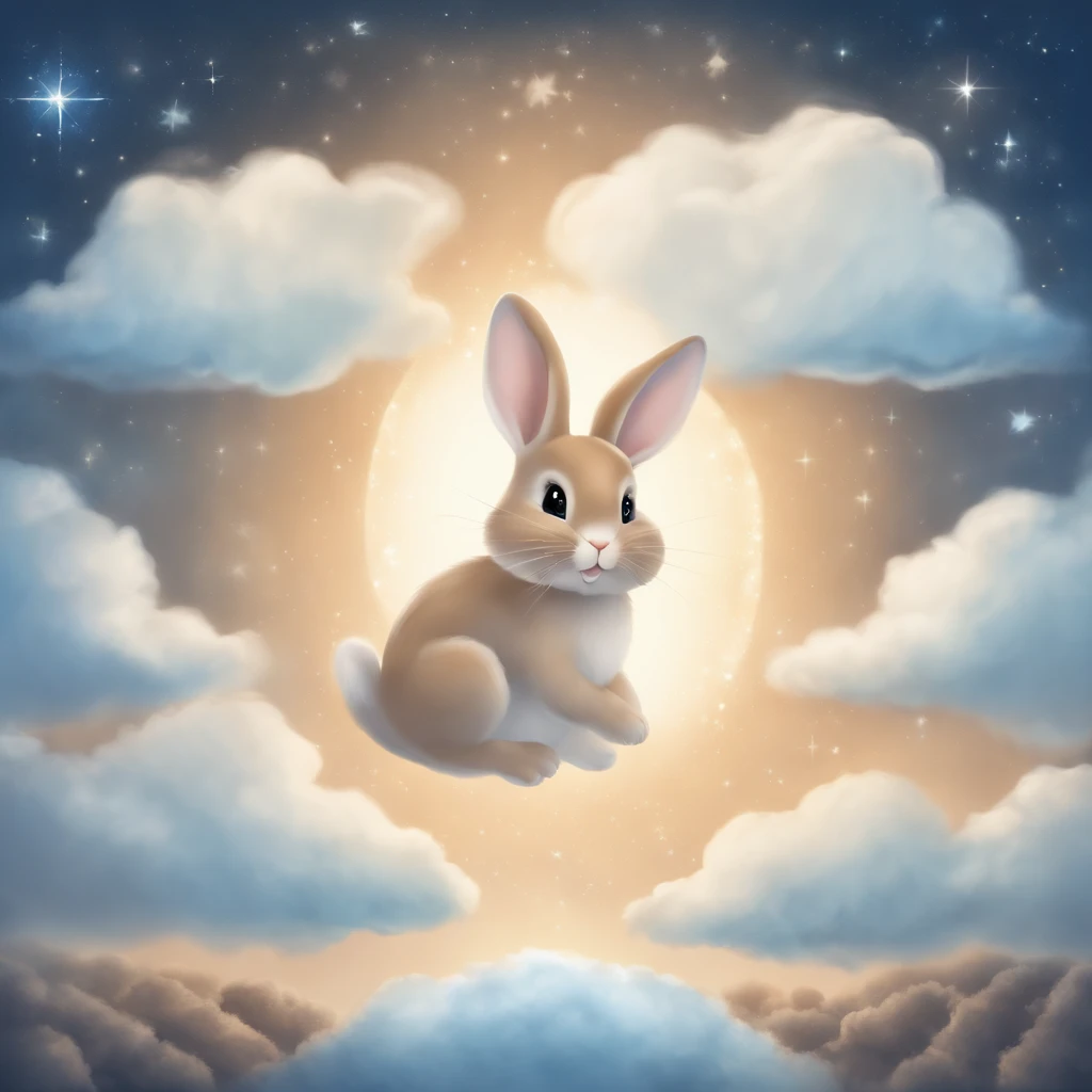 a cute bunny in a cloud above some stars, framed by clouds on a wall, in the style of a digital collage, dreamlike scenarios, animated GIFs, ethereal dreamscapes, light brown and sky blue, Tarot card, eiichiro oda