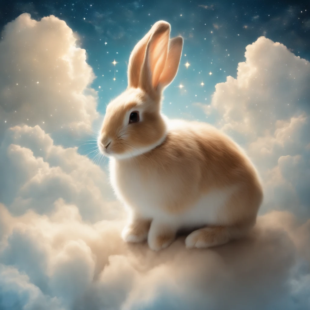 a cute bunny in a cloud above some stars, framed by clouds on a wall, in the style of a digital collage, dreamlike scenarios, animated GIFs, ethereal dreamscapes, light brown and sky blue, Tarot card, eiichiro oda