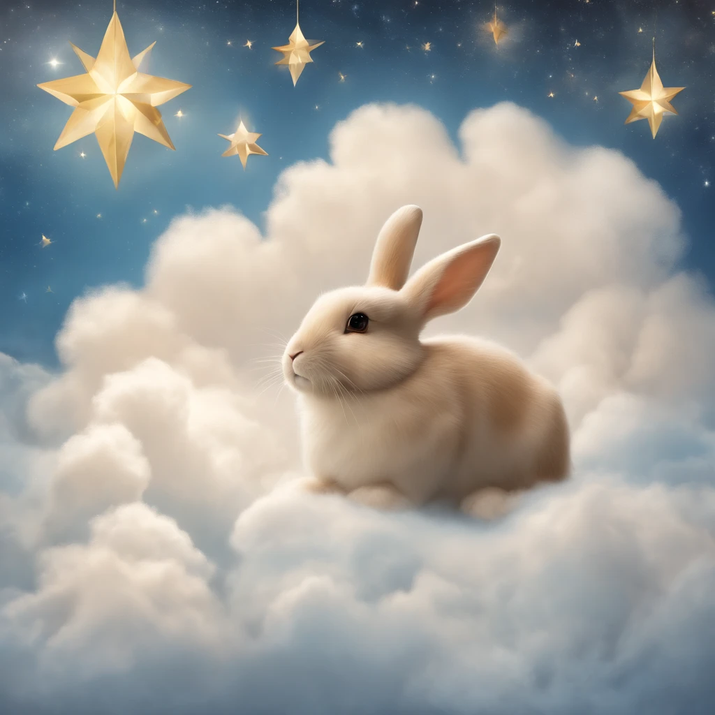 a cute bunny in a cloud above some stars, framed by clouds on a wall, in the style of a digital collage, dreamlike scenarios, animated GIFs, ethereal dreamscapes, light brown and sky blue, Tarot card, eiichiro oda