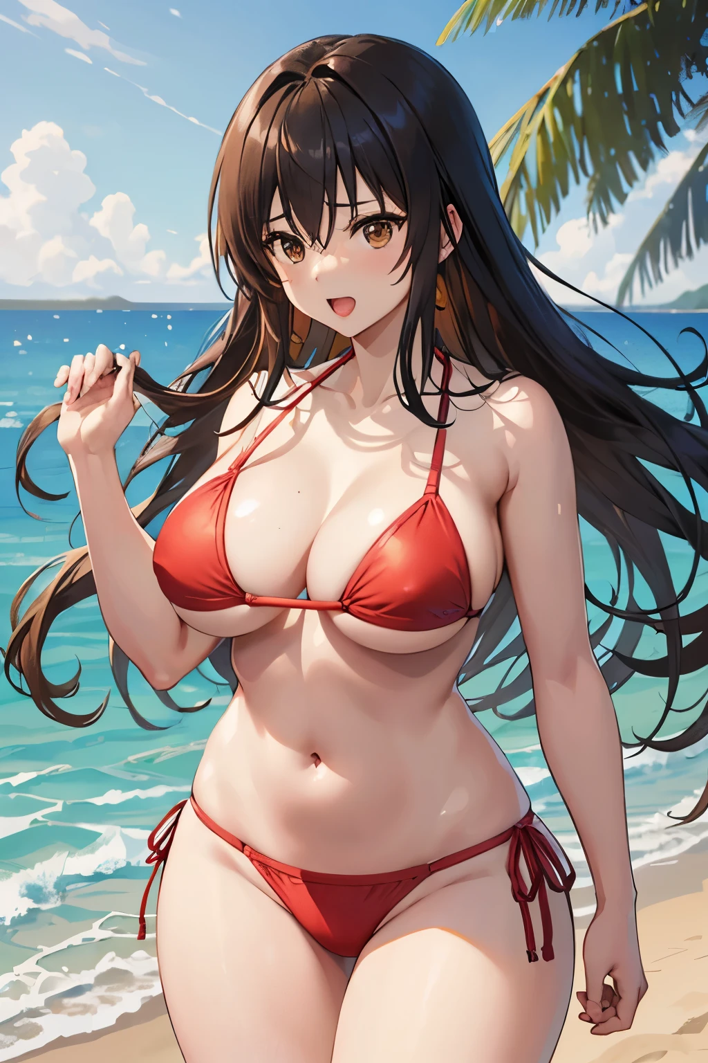 kotegawayui, yui kotegawa, solo、Black Hair, (Brown eyes:1.5), Long Hair, break looking at viewer, break (Tabletop:1.2), Highest quality, High resolution, unity 8k wallpaper, (figure:0.8), (Beautiful attention to detail:1.6), Highly detailed face, Perfect lighting, Highly detailed CG, (Perfect hands, Perfect Anatomy),Naughty big、Big ample breasts、(Beach:1.3)、(Red Bikini:1.3)、Laughing with your mouth open