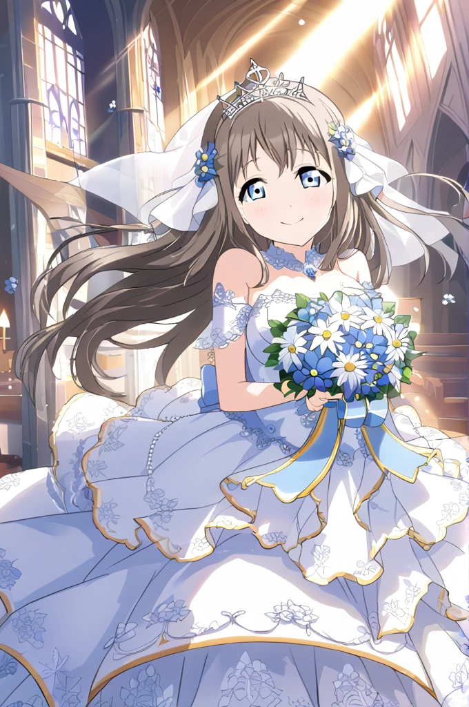 Sakurazaka Shizuku　Black brown hair　Long Hair　Light blue eyes　whole body　White Wedding Dress　High quality　Light blue flower bouquet　smile　Light blue flower decoration　Large breasts　Light blue floral hair ornament　Outside the church　Sunny sky　Shining　Tears of joy　tears　tearsを流して泣く　tiara