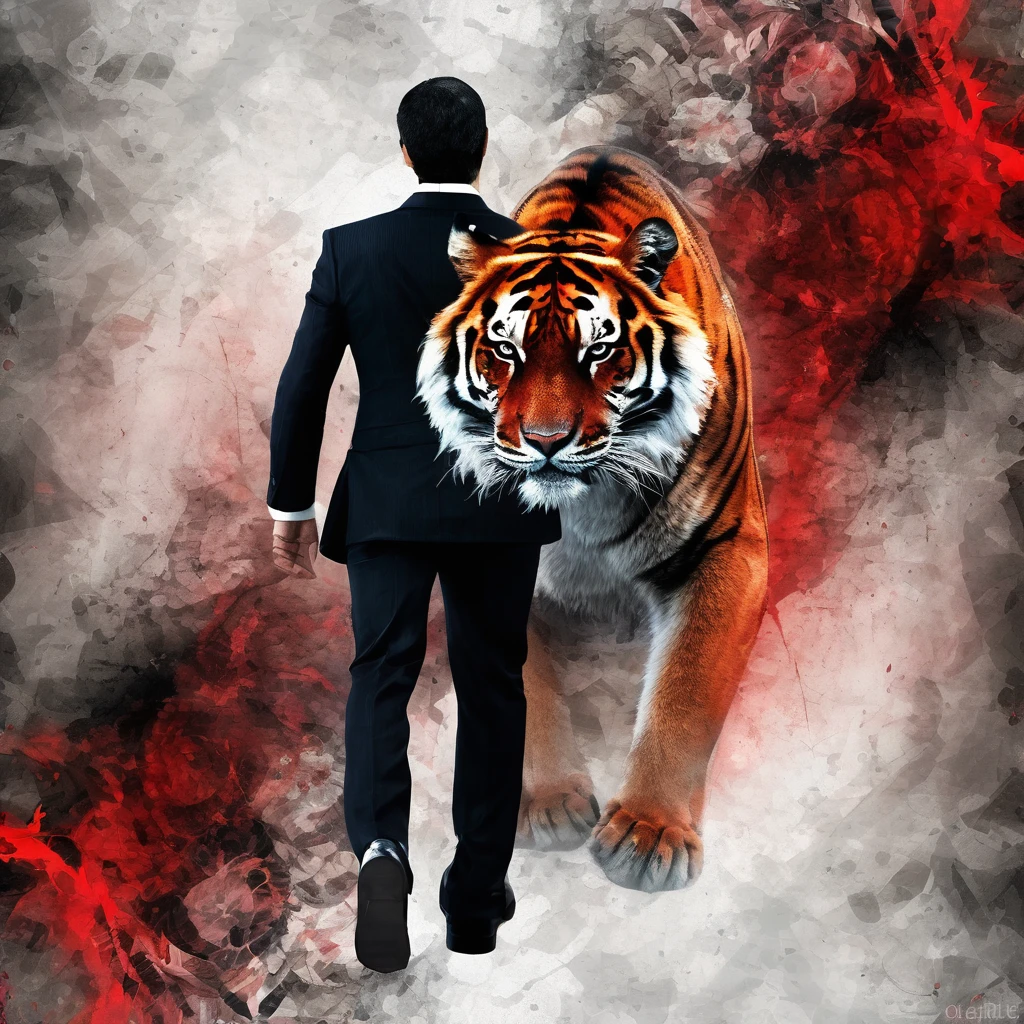 (masterpiece  Best quality: 1.2) Overlay illustration of the merged image.  man in suit  Black hair with red highlights, red eyes (( black, man dressed from ashes  A man dressed from light)) A living tiger  (transparency effect of tiger image   Fits a man's back), seamless combination, front view, textures and patterns, transparency effects, dramatic shadows, dramatic lighting, interlocking compositions, images fit on the side.  his back, back view, fantasy art, digitally manipulated photography art