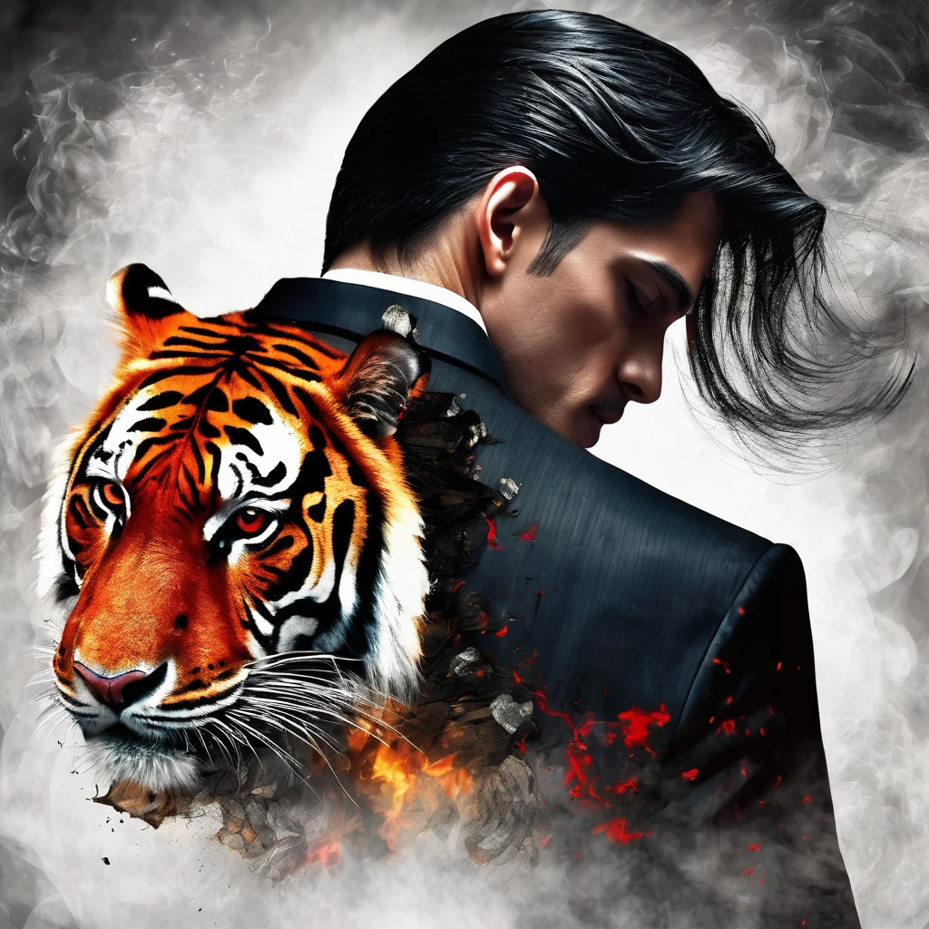 (masterpiece  Best quality: 1.2) Overlay illustration of the merged image.  man in suit  Black hair with red highlights, red eyes (( black, man dressed from ashes  A man dressed from light)) A living tiger  (transparency effect of tiger image   Fits a man's back), seamless combination, front view, textures and patterns, transparency effects, dramatic shadows, dramatic lighting, interlocking compositions, images fit on the side.  his back, back view, fantasy art, digitally manipulated photography art