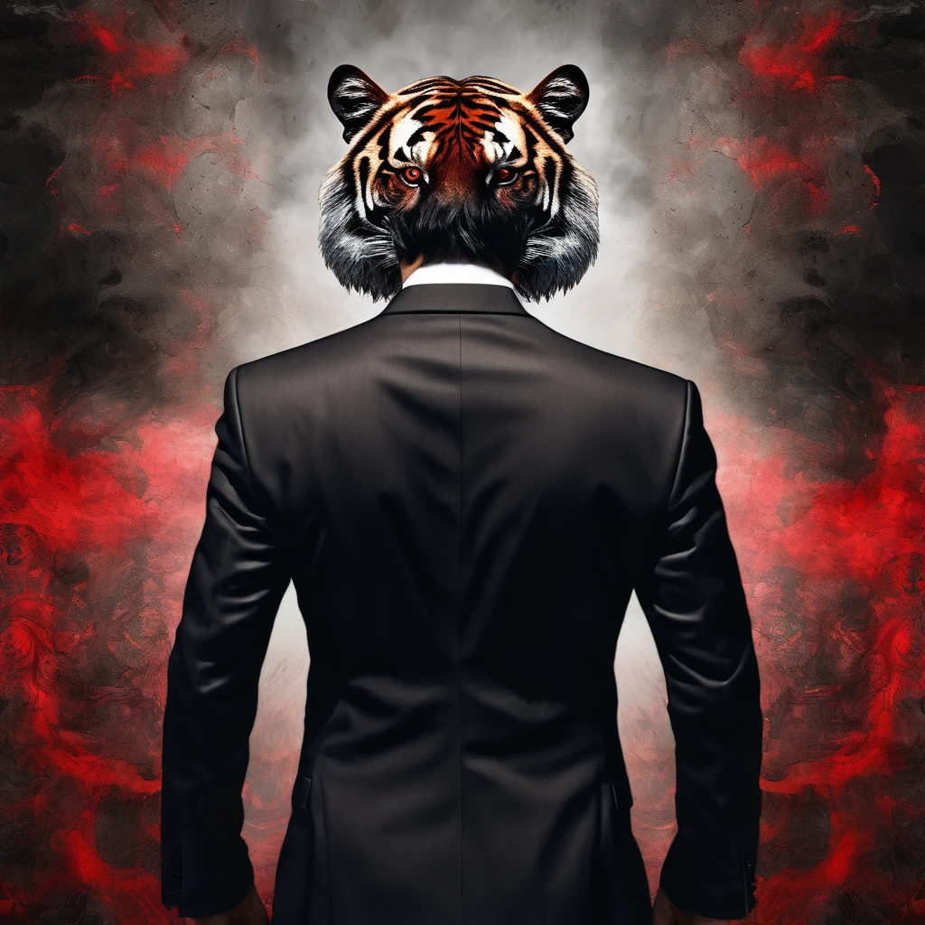 (masterpiece  Best quality: 1.2) Overlay illustration of the merged image.  man in suit  Black hair with red highlights, red eyes (( black, man dressed from ashes  A man dressed from light)) A living tiger  (transparency effect of tiger image   Fits a man's back), seamless combination, front view, textures and patterns, transparency effects, dramatic shadows, dramatic lighting, interlocking compositions, images fit on the side.  his back, back view, fantasy art, digitally manipulated photography art