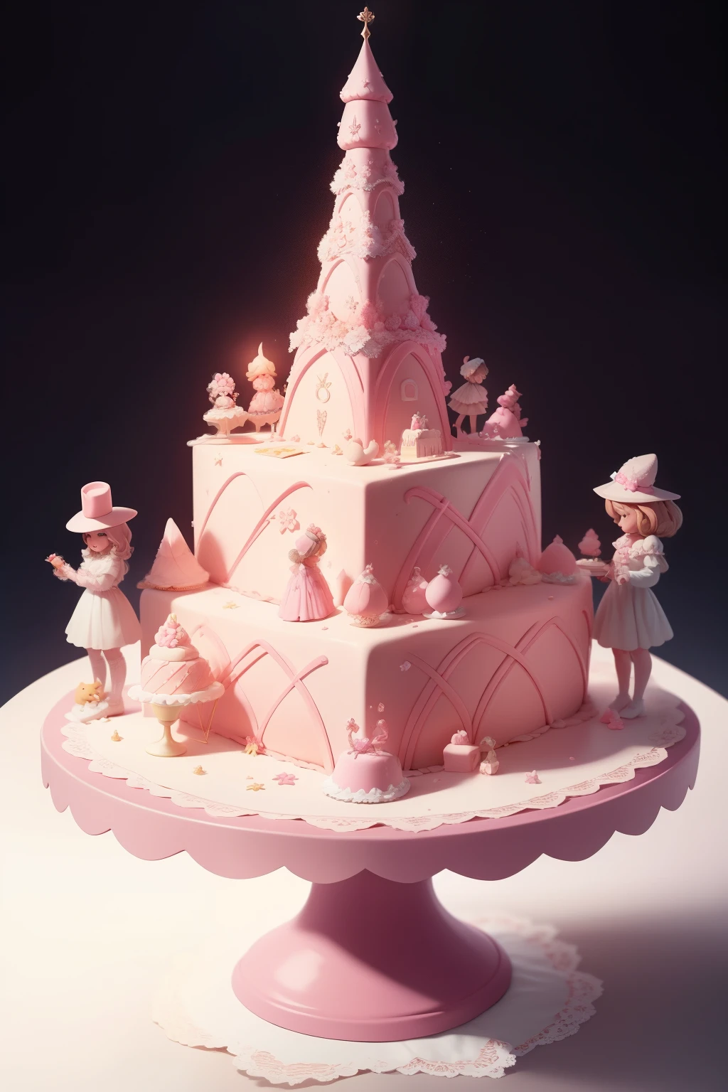 A majestically tiered pink cake, adorned with intricate lace-like icing designs and dusted with edible glitter, stands proudly on a white lace tablecloth. The first tier is a rich raspberry velvet cake, the second tier a vanilla bean cream cheese filling, and the third tier a fluffy almond chiffon cake. A single lit candles sits atop the cake, casting a warm glow over the scene, and a group of tiny sugar figurines of children and animals surround the cake, ready to be eaten.