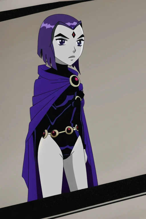 raven, 1girl, solo, purple eyes, purple hair, short hair, colored skin, grey skin, forehead jewel, black leotard, long sleeves, belt, purple cape,