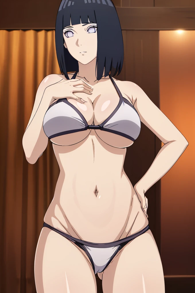masterpiece, (intricate details), (colorful),cinematic lighting,extremely detailed CG unity 8k wallpaper ,hinata\(boruto\), 1girl,solo, large breasts, (hinata, hyuuga hinata, purple eyes, blunt bangs, black hair) big breasts, perfect breasts, large breasts, round breasts, sexy body, slim waist, nice hips, skinny, nice thighs, thick thighs, black bra, cleavage, bare shoulders, collarbone, underboob, slim waist, white bikini, bikini, swimsuit, small bikini, plain background, cowboy shot, body shot, front shot, full body, white backdrop, perfect eyes, glowing eyes, beautiful eyes, black background, simple background, no background , body shot, hands on hip