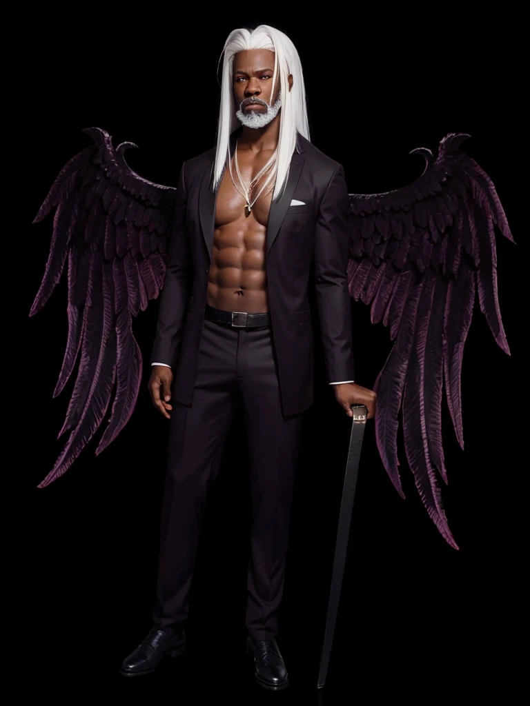 A very strong black gentleman, with straight white hair, with white eyebrows, with white beard, with burgundy wings
