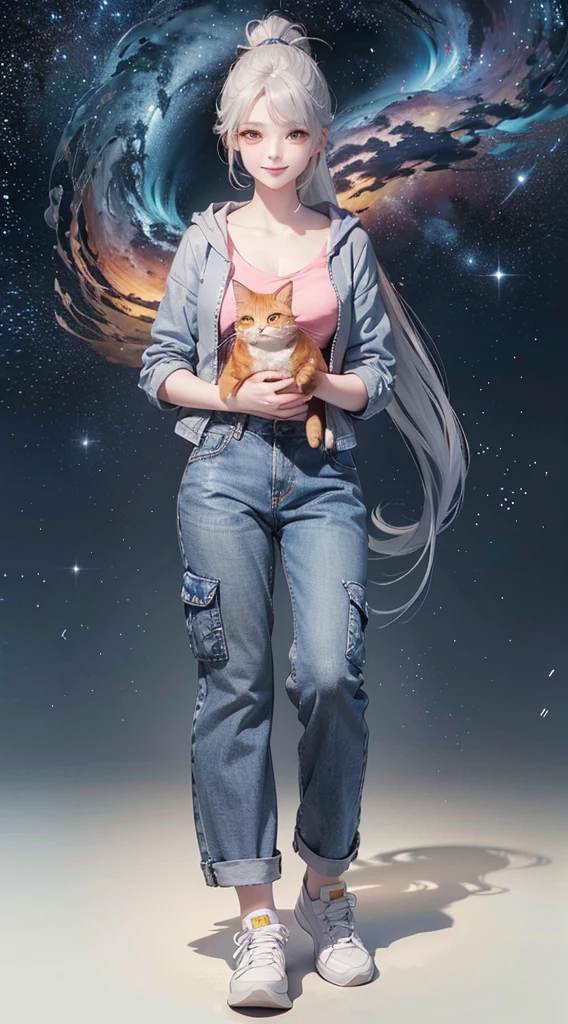 (((Holding a cute orange fat cat with super short legs in both hands，Correct anatomy)))，((Highest quality，masterpiece，一位Mature美女，Super thin air parted bangs，Light blue denim gray hooded jacket，Blue gray high ponytail super long straight hair，Double sideburn curly hair，Hair ends curled in，Gray powder clothes，Exposed clavicle，Show your ears))，((Mature，Smile slightly，Look at the camera head-on))，starry sky galaxy background，Matte denim texture