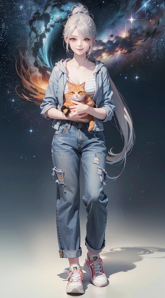 (((Holding a cute orange fat cat with super short legs in both hands,Correct anatomy))),((Highest quality,masterpiece,一位Mature美女,Super thin air parted bangs,Light blue denim gray hooded jacket,Blue gray high ponytail super long straight hair,Double sideburn curly hair,Hair ends curled in,Gray powder clothes,Exposed clavicle,Show your ears)),((Mature,Smile slightly,Look at the camera head-on)),starry sky galaxy background,Matte denim texture