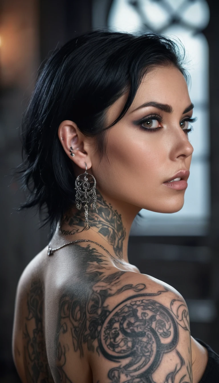 Extremely beautiful woman, black hair, dark eyes,  silver earrings, tattooed skin, sophisticated tattoos,  in the style of enchanting realms, darkerrorcore, intense gaze, back lighting, Ethereal, 8k high quality, UHD, HDR