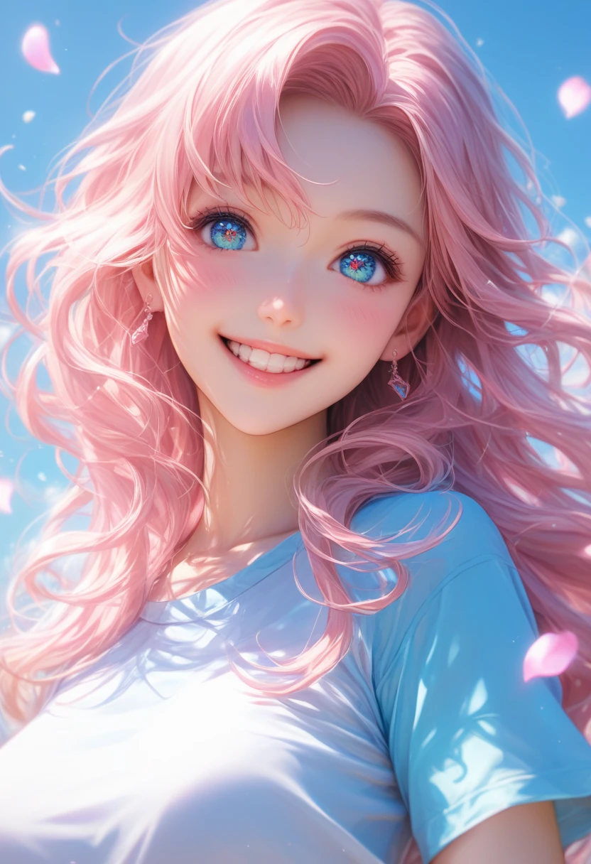 Wearing a blue anime-style T-shirt and pink skirt、In front of a cute girl with long hair smiling happily at the camera、There is a beautiful woman smiling gently here too、They both have sparkling eyes and bright white teeth., Background floating light effect, Fantasy Art Style, pastel colour, Digital Painting, Detailed anatomy, 超詳細なFantasy Art Styleの高解像度を備えたホログラフィック ルーム, Light blue petals on my cheeks, Realistic skin texture, Detailed Images, close-上, 32k resolution