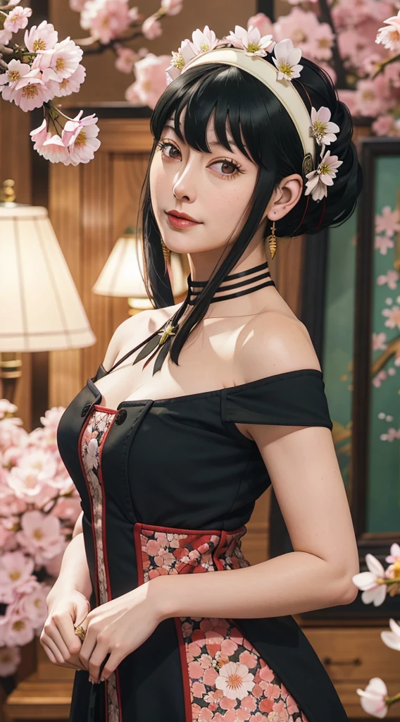 yor, Mature female, bangs, side locks, Red eyes, Black hair, hair adornments,sportrait, (face:1.2), girls, ssmile,bare shoulders, Black hair, cherry blossom, cleavage, (gown:1.21), clavicle, Willow Branch, (masterpiece best quality :1.2),