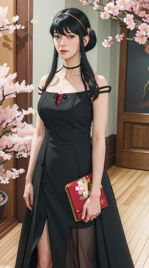 yor, Mature female, bangs, side locks, Red eyes, Black hair, hair adornments,sportrait, (face:1.2), schoolgirls, ssmile,bare shoulders, Black hair, cherry blossom, cleavage, (gown:1.21), clavicle, Willow Branch, (masterpiece best quality :1.2),